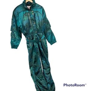 Vintage Obermeyer iridescent 1980s ski suit 1 piece blue green womens 12